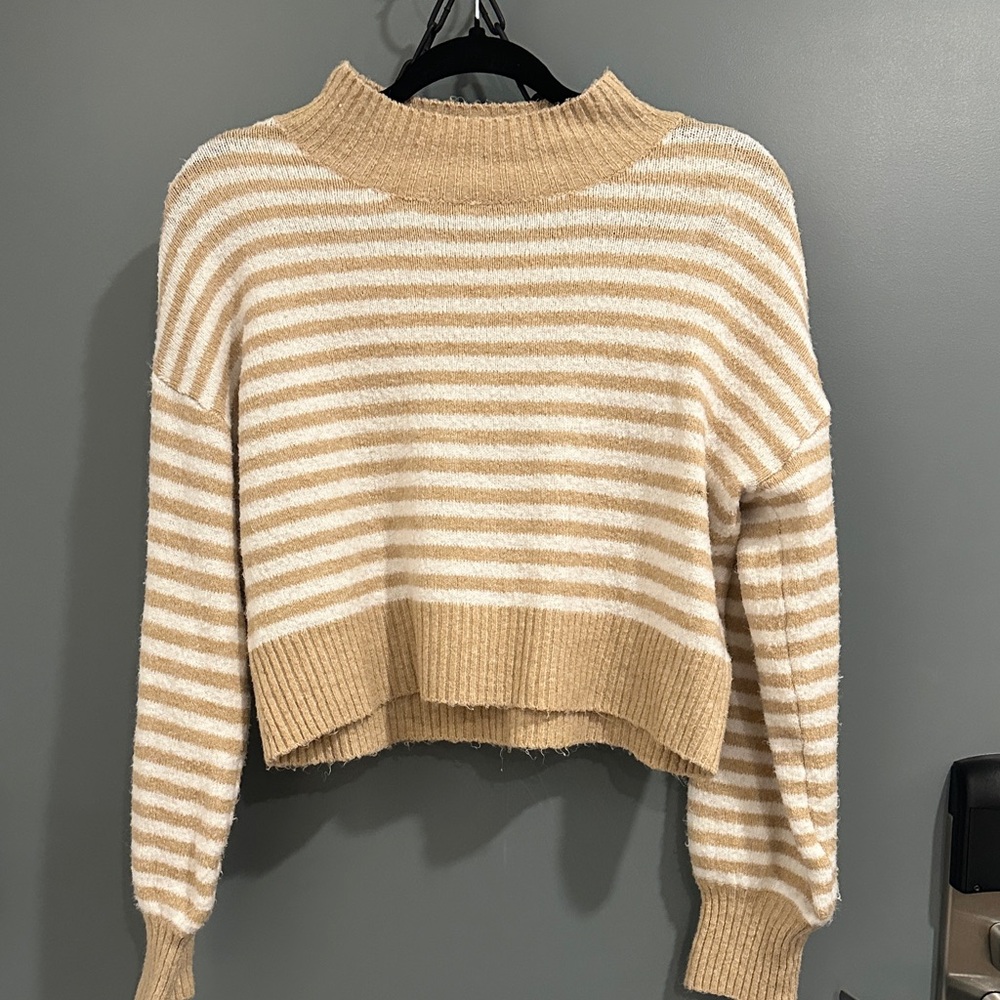 Debut Beige and White Striped Turtleneck Sweater